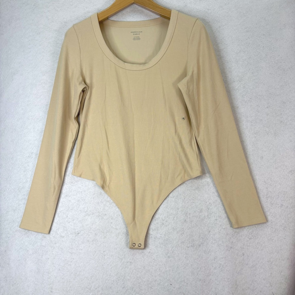 American Eagle Tan Ribbed Scoop Neck Long Sleeve Bodysuit Womens XL Minimalist